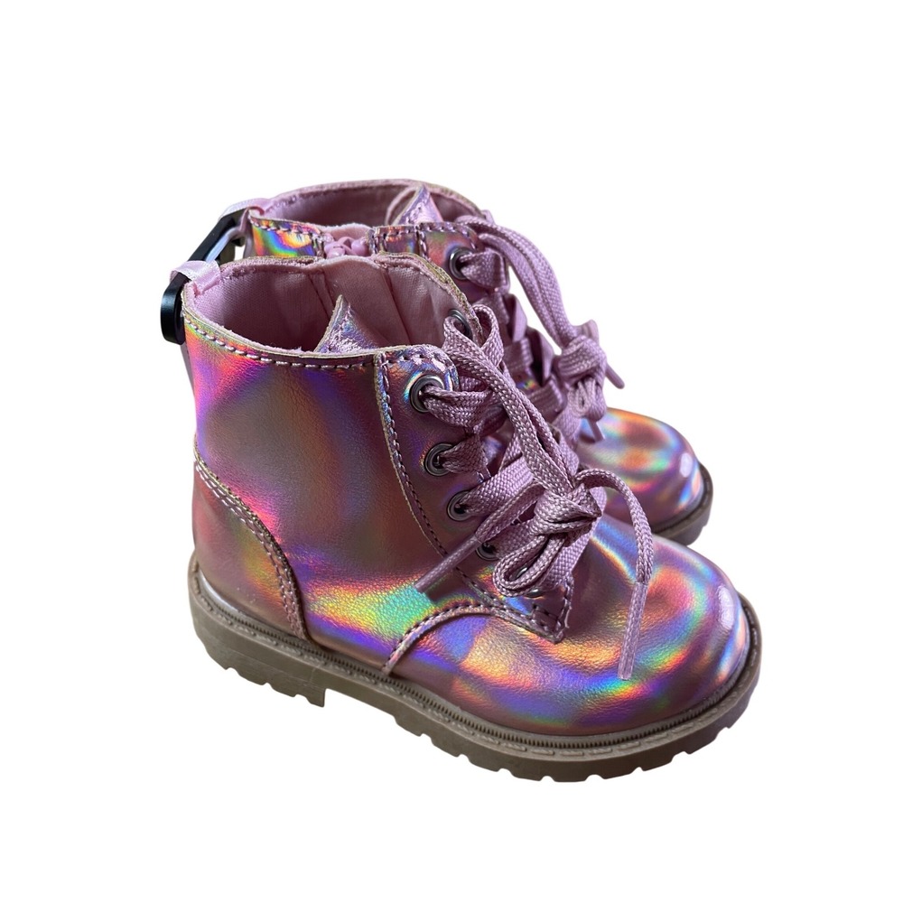 Old Navy Kids Pink Iridescent Holographic Lace Up Side Zip Combat Boots Size 6 - Picture 4 of 12
